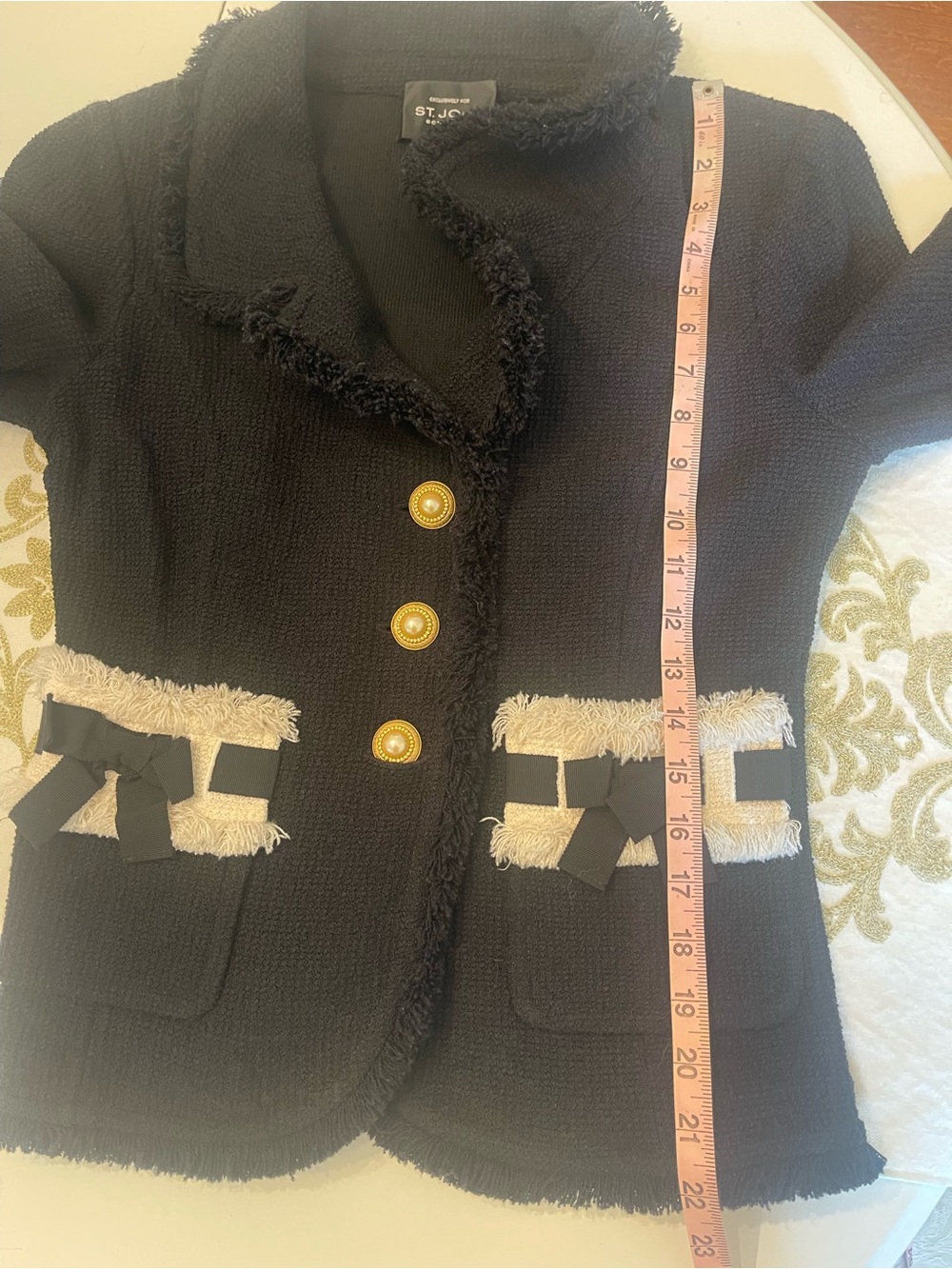 St. John Boutiques Black Bouclé Blazer with Cream Fringe and Gold Buttons - Picture 12 of 13